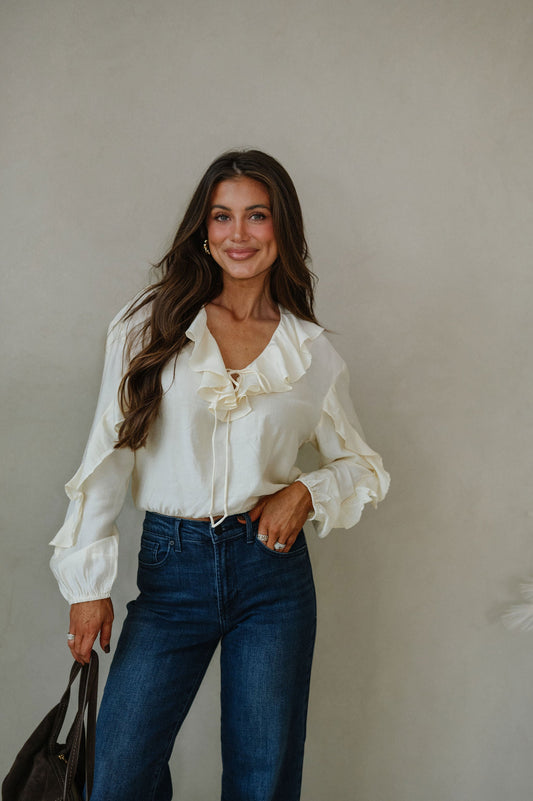 Collared Ruffle Front Tie Blouse-Oat Milk
