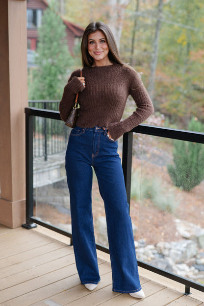 Fuzzy Cropped Sweater-Brown