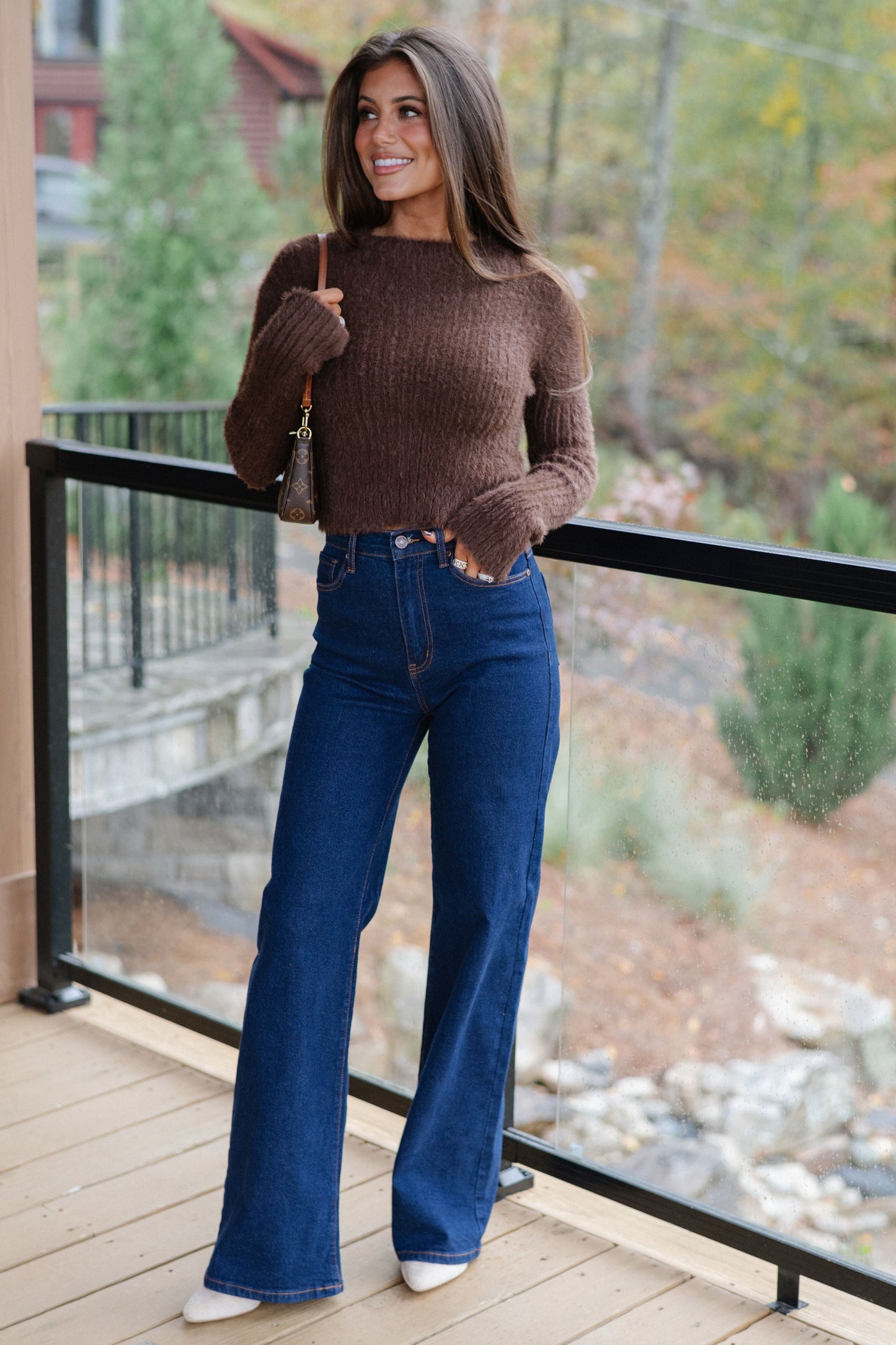 Fuzzy Cropped Sweater-Brown
