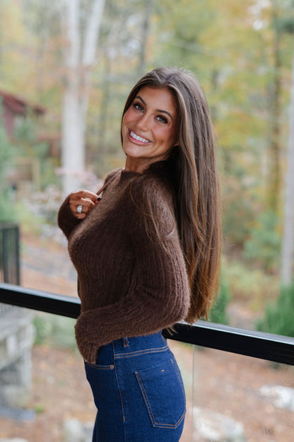 Fuzzy Cropped Sweater-Brown