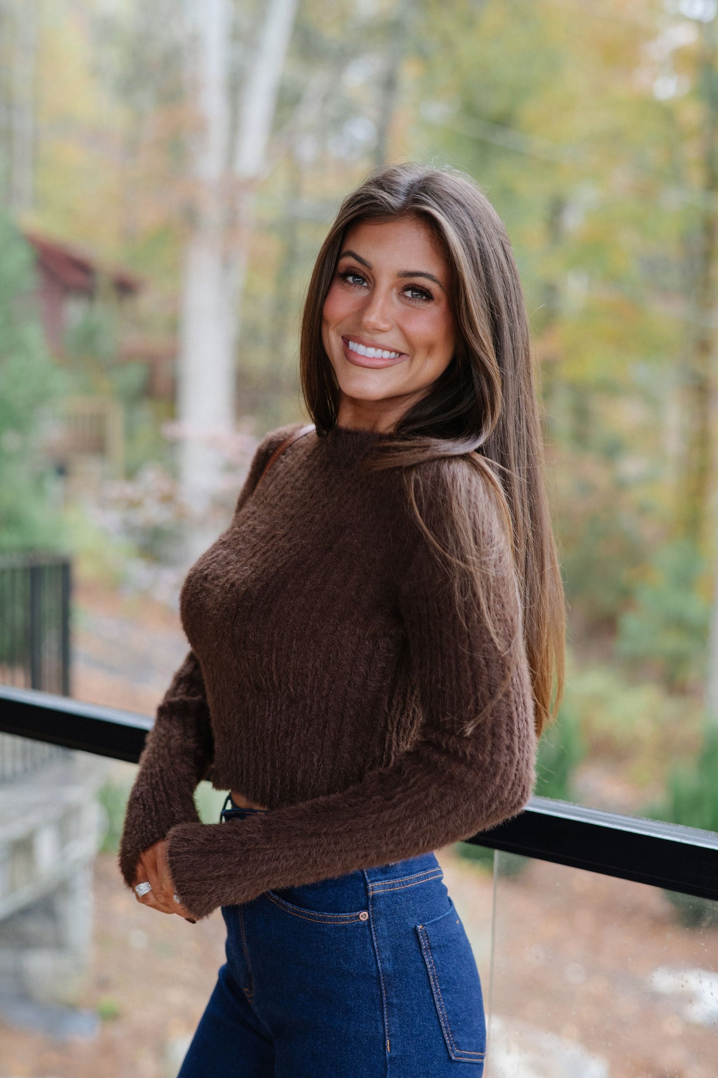 Fuzzy Cropped Sweater-Brown
